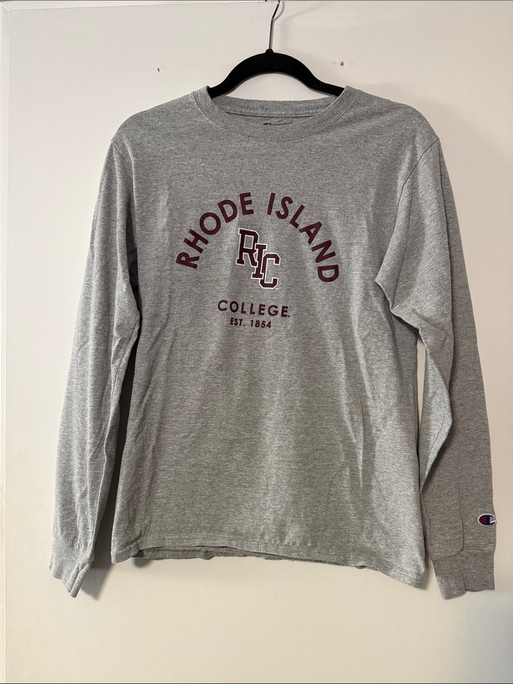 Champion Gray Long Sleeve Tee with Maroon Rhode Island College Print
